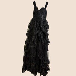 Corset Prom Black Dress Long Layered Formal Sequin Whimsigoth Tulle Lace Size 2